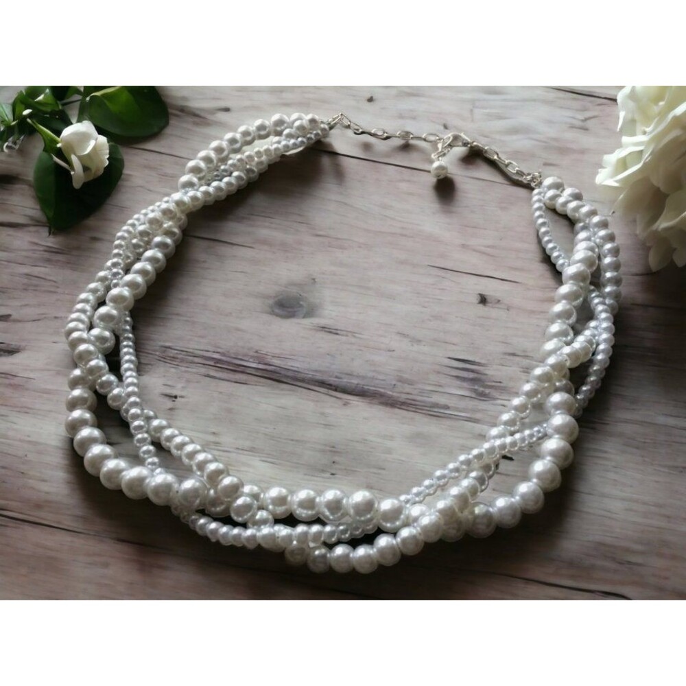 Twisted Pearl Necklace, Multi strand Graduated Bridal Gift on Silver Chain